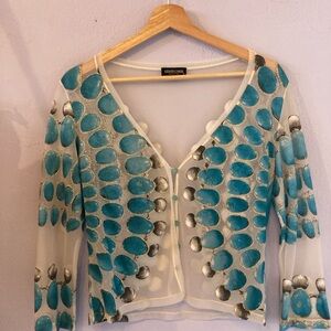 Colorful Sheer Cardigan with Blue and Gray Pattern